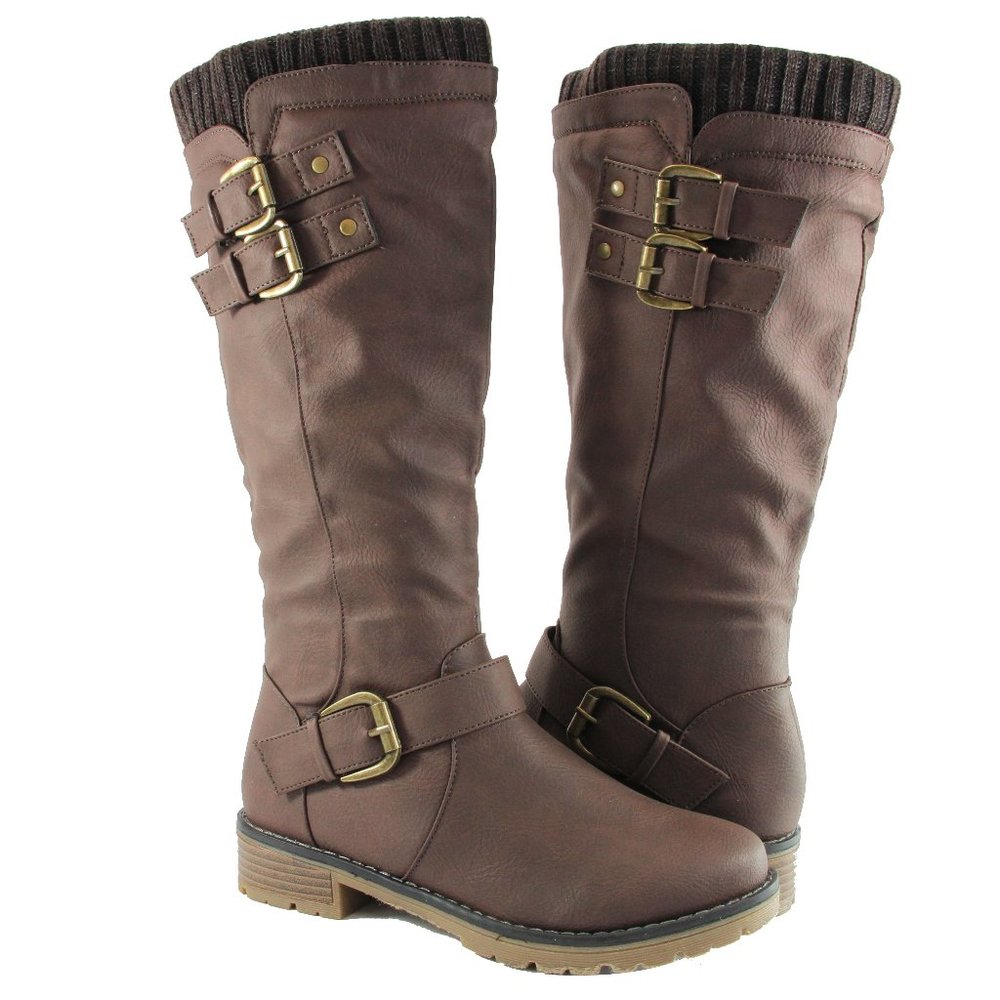 Women Low Knee High Knitted Sweater Combat Boots Vegan Leather Brown